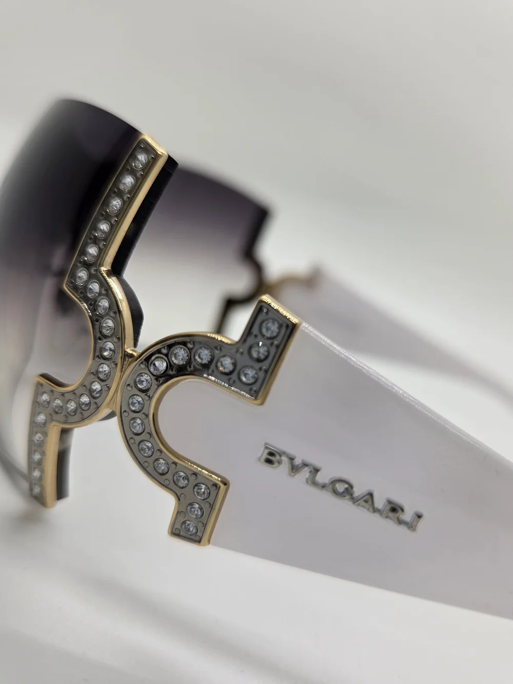 Bvlgari White and Gold, Swarvoski Crystal-Embellished Shield Sunglasses, Vintage